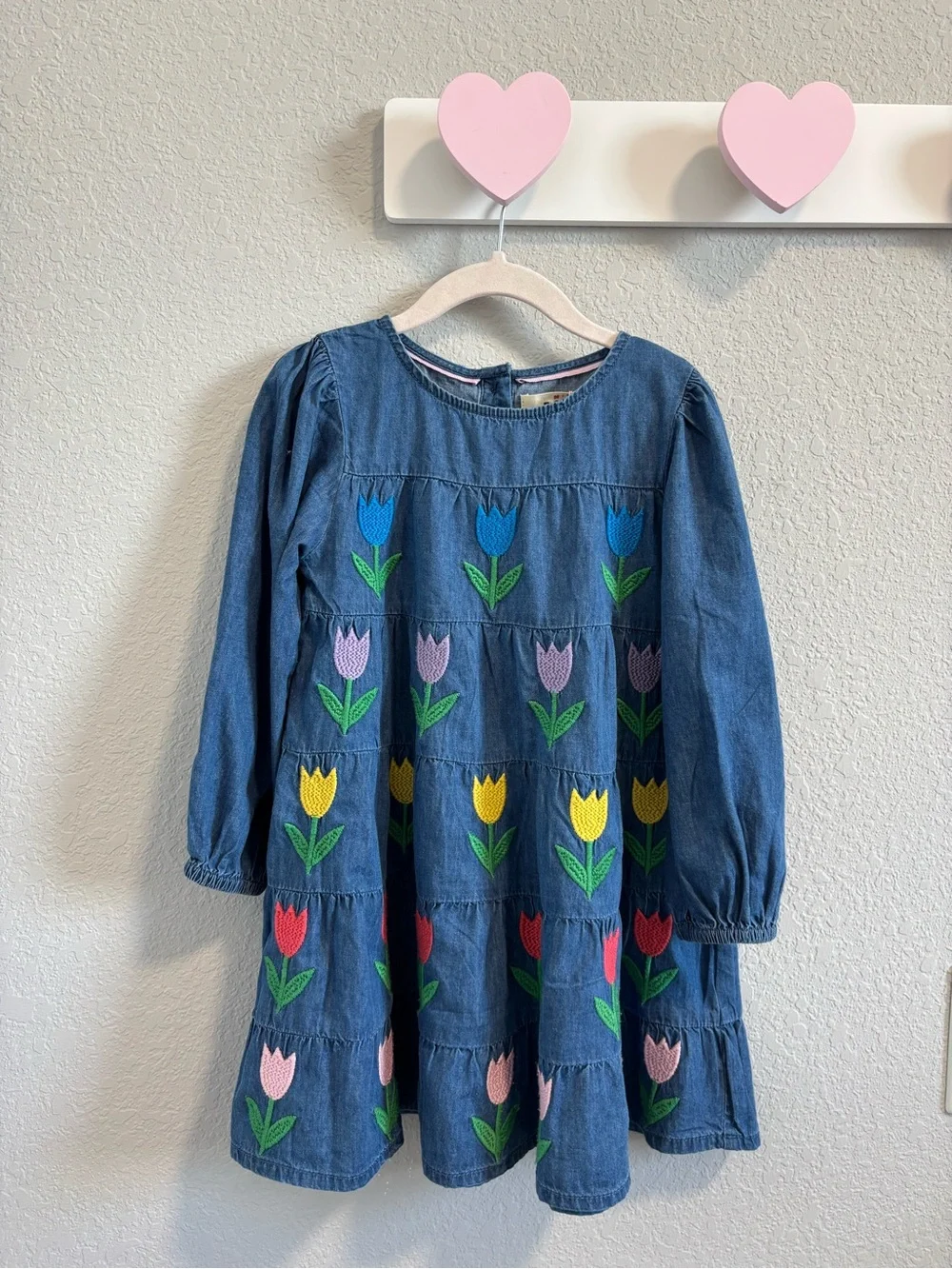 Mini Boden Kids' Tulip Embroidered Long Sleeve Denim Dress